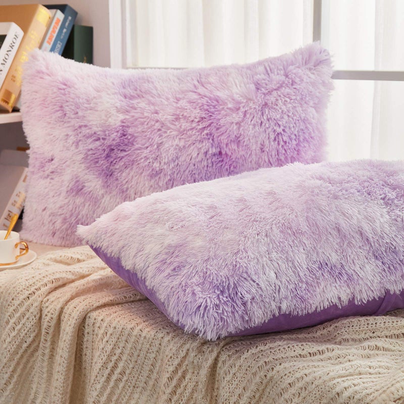 JAUXIO Faux Fur Decorative Throw Pillow Shams 2 Pack Abstract Style Tie Dye Printed Shaggy Pillowcases Crystal Velvet Reverse Queen Size (20X26 Inches, Lilac) - Image 3
